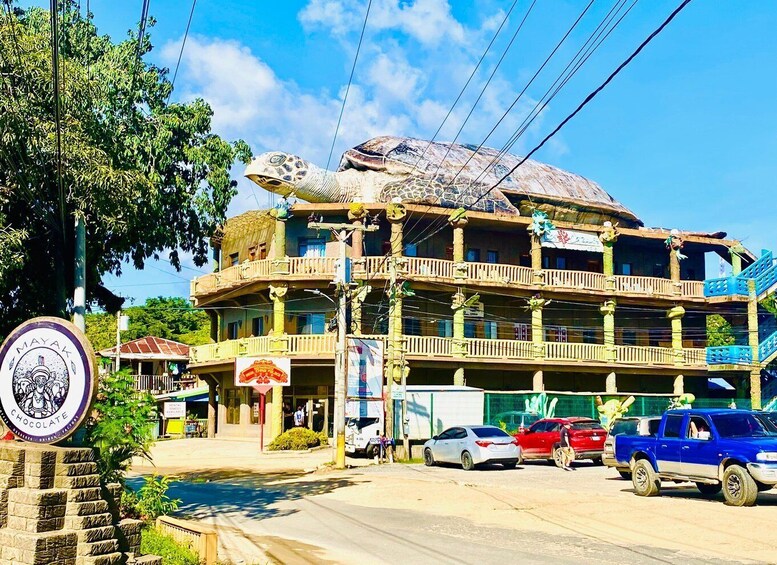 A multi-story building with a large turtle sculpture on the roof, a sign for a chocolate shop, and several parked cars. 5