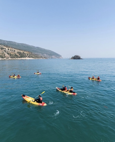 People kayaking on a calm sea with a hilly coastline in the background. 1