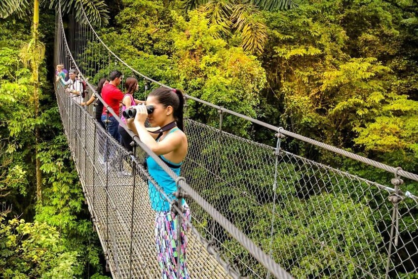 People walking on a suspension bridge surrounded by dense green foliage. 4