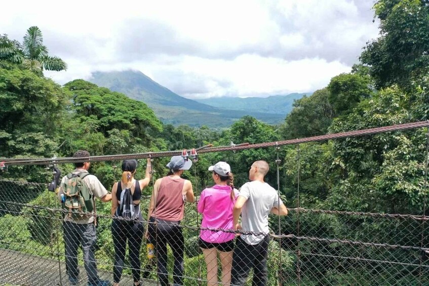 A group of people on a suspension bridge overlooking a mountainous landscape. 5