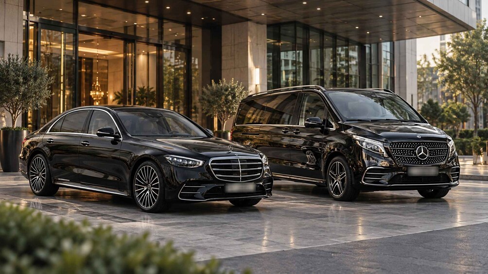 Two black Mercedes-Benz cars parked in front of a modern building with large windows and a reflective floor. 3