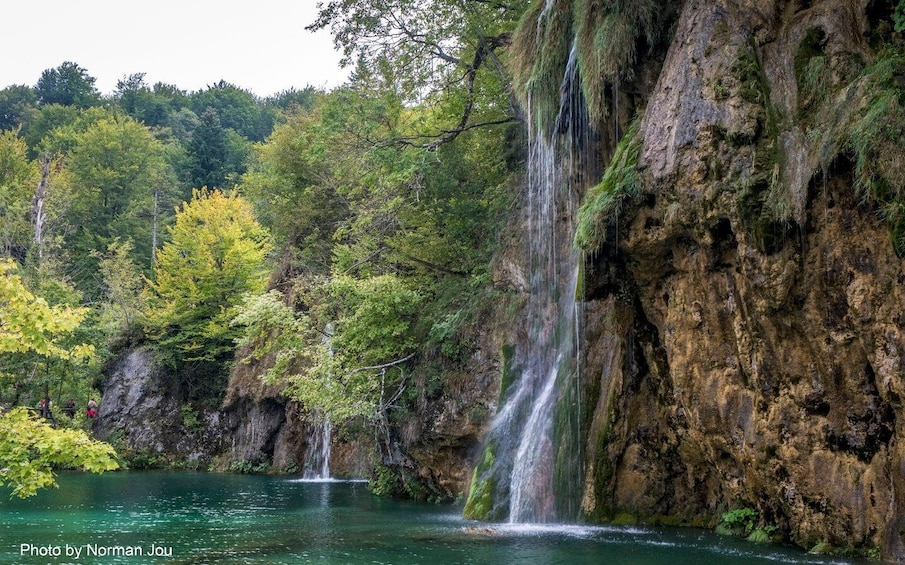 Una cascada que aboca a un llac cristal·lí envoltat de bosc dens. 5