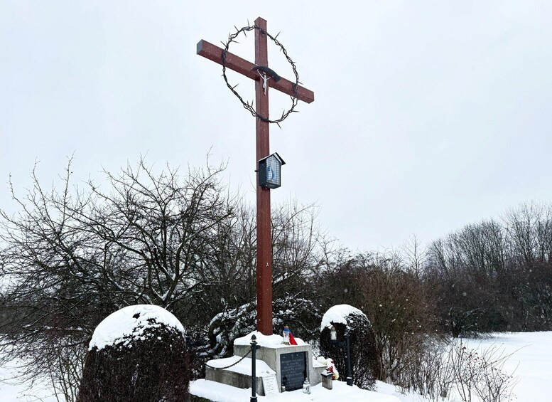 A wooden cross with barbed wire, surrounded by snow-covered bushes and a snow-covered landscape. 3