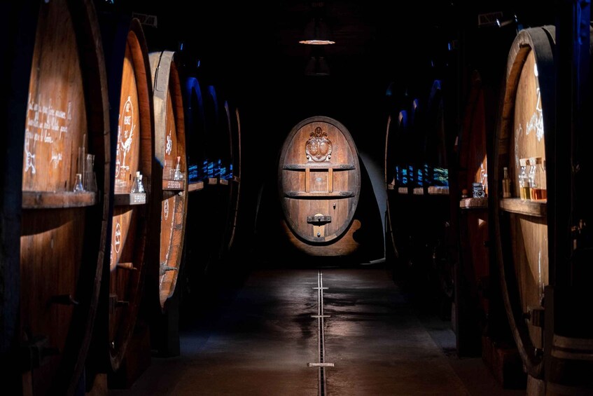 A dimly lit wine cellar with wooden barrels aligned in a row, leading to a central barrel with a decorative emblem. 4