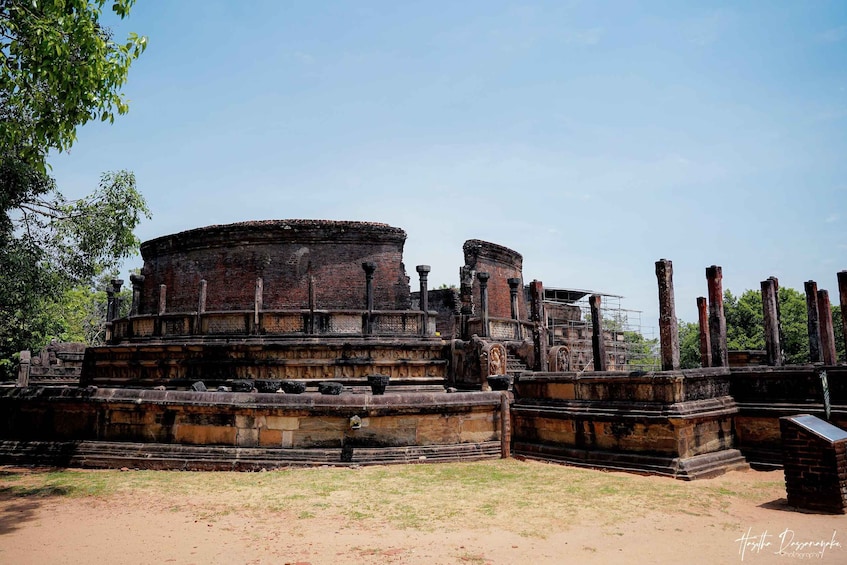 Ancient brick ruins with columns and a large central structure, surrounded by trees. 4