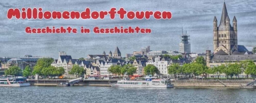 A cityscape with a river, a boat, and a prominent church tower. 3