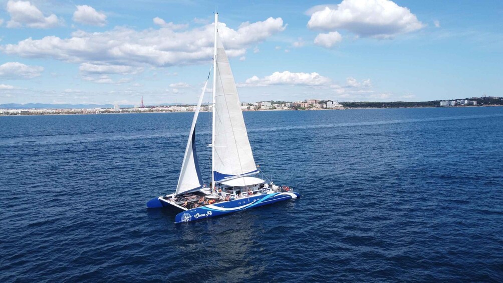 A sailboat named 'Ocean Fly' on a calm sea with a coastal cityscape in the background. 1