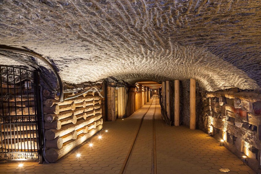 A tunnel with hexagonal tiles, wooden logs, and stone walls. 2