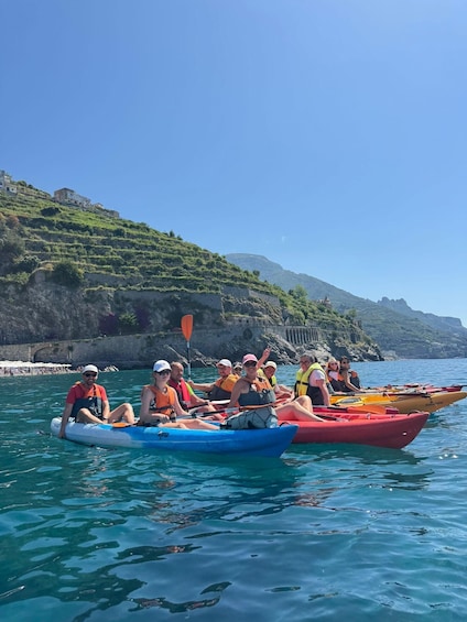 A group of people kayaking on a calm sea with a rocky coastline and lush greenery in the background. 3