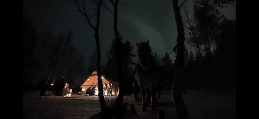 A snow-covered landscape with a lit structure in the background. 1