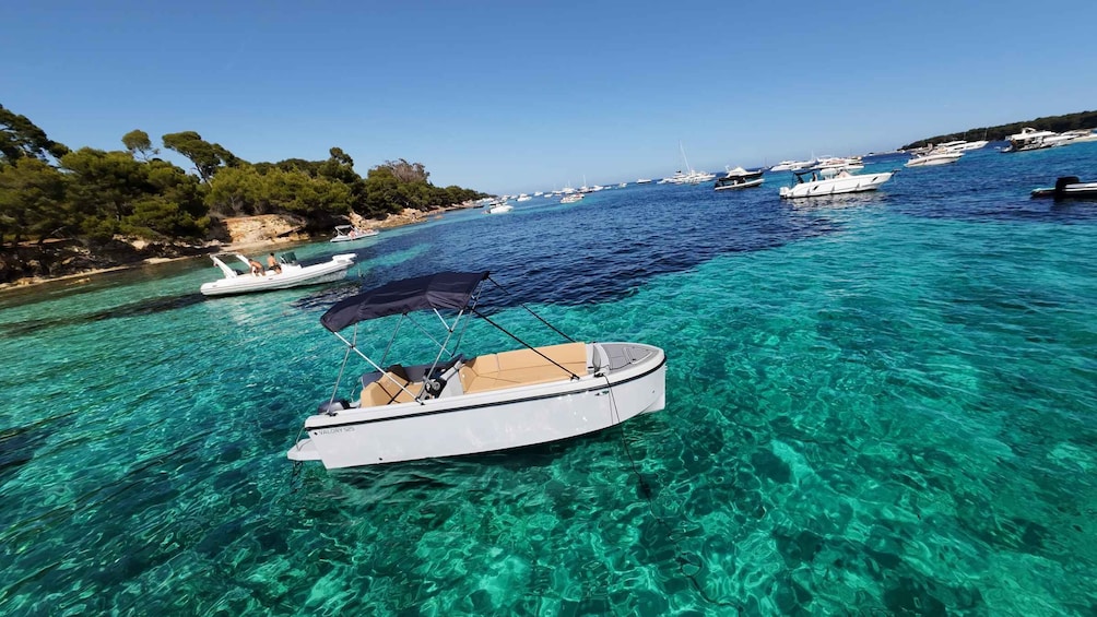 A clear blue sea with boats anchored, surrounded by rocky coastline and trees. 3