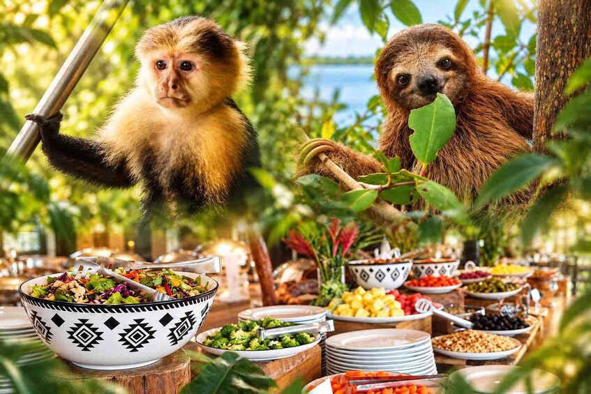 Un singe et un paresseux sont suspendus à une branche d’arbre, entourés de différents plats. 1