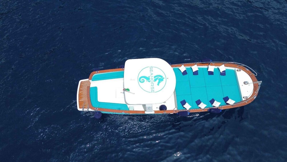 An aerial view of a boat with a logo and seating arrangement. 5