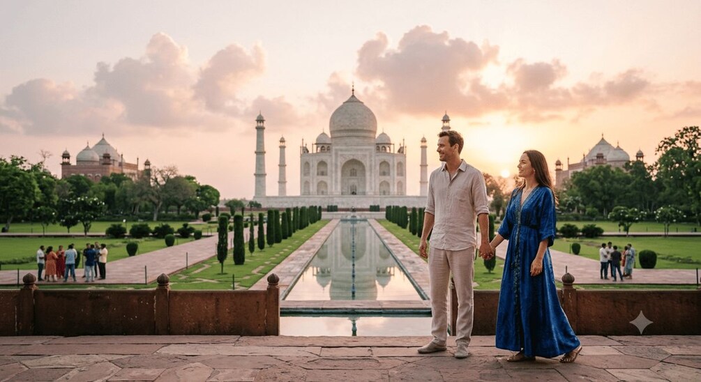 A couple standing in front of the Taj Mahal with a reflection pool and a garden. 2