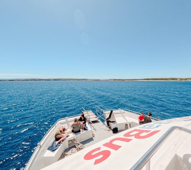 A boat with people on deck, water, and a distant shoreline. 4