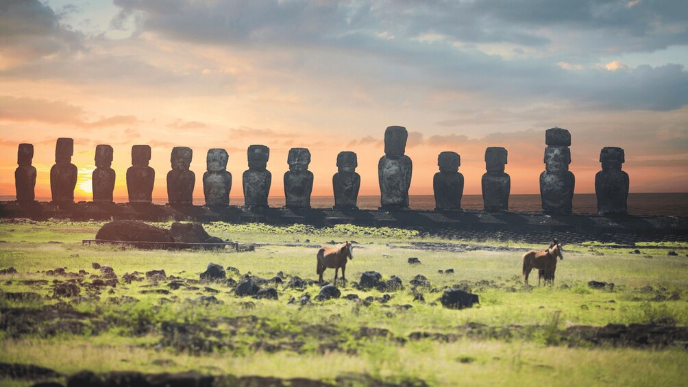 Une rangée de statues Moaï sur l’île de Pâques, avec un coucher de soleil en arrière-plan. 5