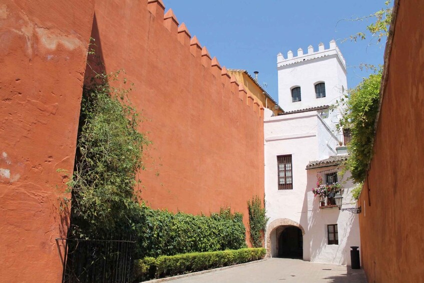 Une ruelle étroite aux murs rouges, un bâtiment blanc surmonté d’un clocher et de la verdure. 5