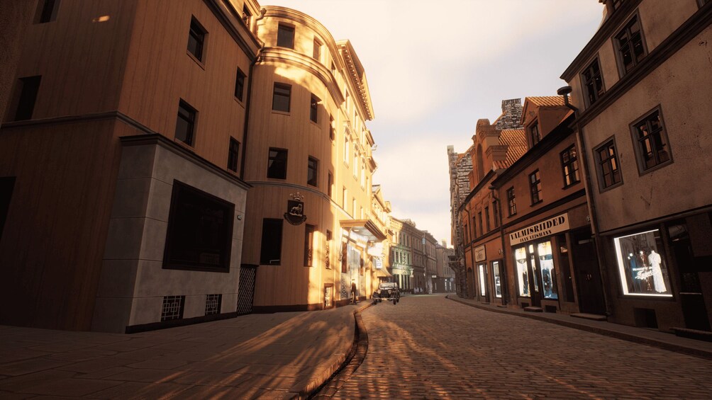 A cobblestone street lined with historic buildings, one with a sign reading 'VALMISRIDDE.' 2
