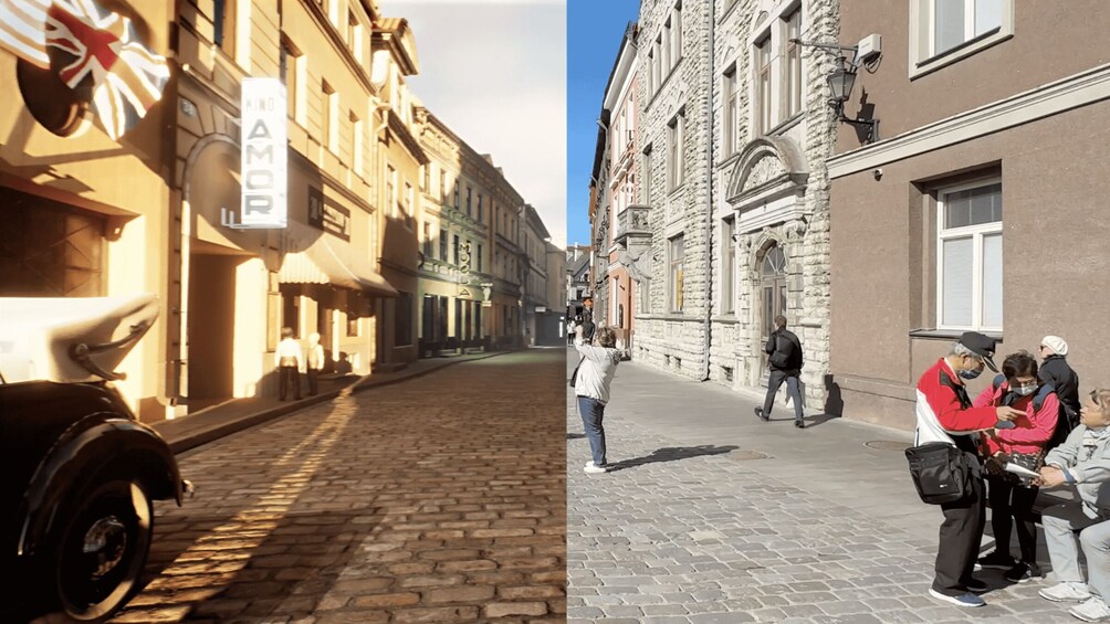 A cobblestone street with historic buildings, a vintage car, and people walking. 3