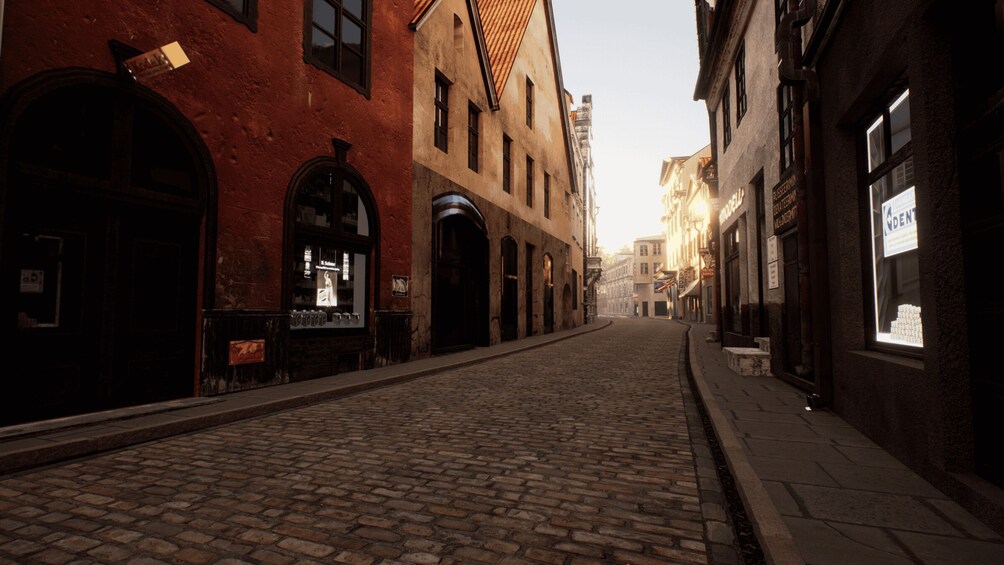 A cobblestone street lined with historic buildings, some with arched windows and signage. 4