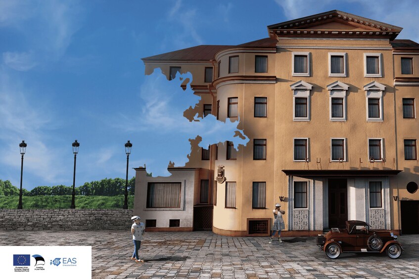 A building with a classical facade, a vintage car, and a cobblestone street. 5