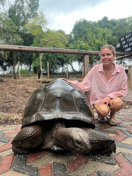 A person crouching next to a tortoise on a paved path with a sign in the background. 3
