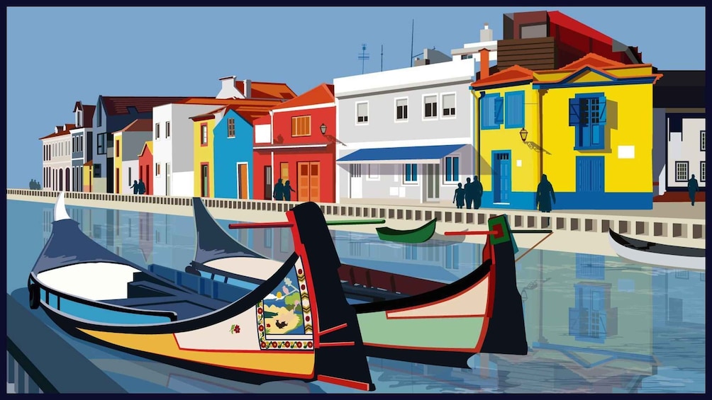 A colorful waterfront with a gondola moored near the edge of the water. 3