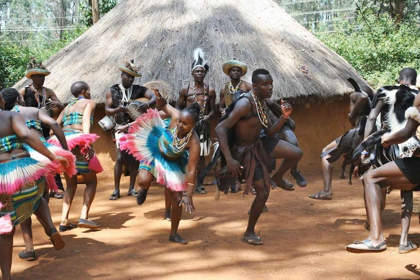 A group of people in traditional attire performing a dance in front of a thatched hut. 2