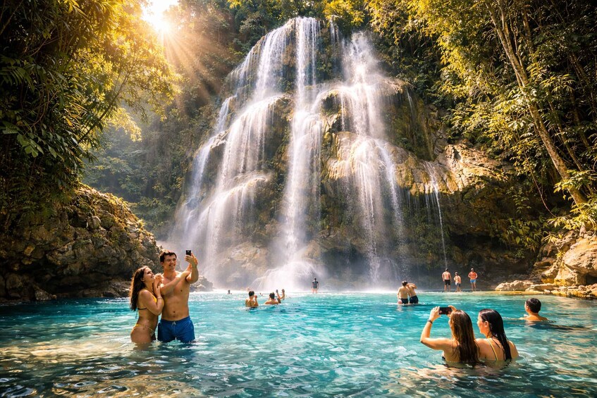 A waterfall in a forested area with people swimming and taking photos. 4