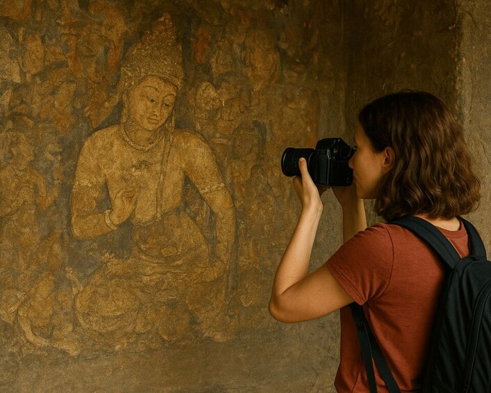A person taking a photograph of a stone sculpture. 5