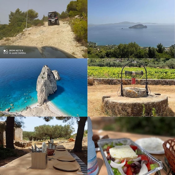 A rugged terrain with a vehicle, a coastal view with a rock formation, a vineyard, and a table set for a meal. 2