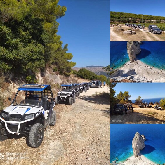 Off-road vehicles on a dirt path, a coastal road with parked cars, and a rocky coastline with clear blue waters. 3