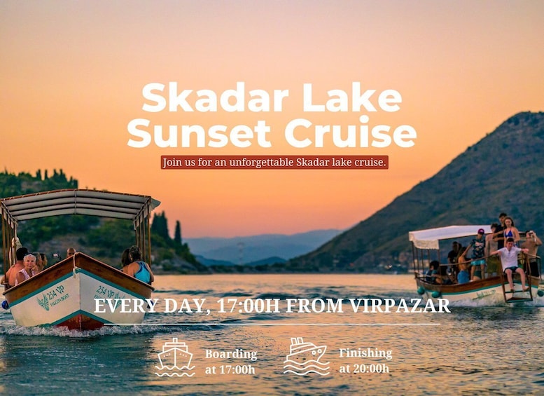 Een zonsondergangcruise op het Skadarmeer, met boten die vertrekken vanuit Virpazar om 17:00 uur. 1