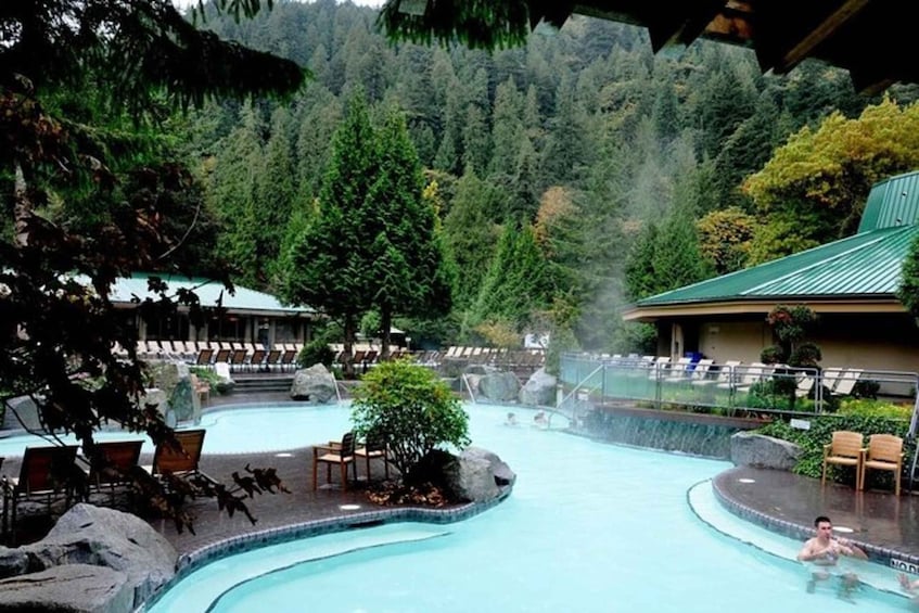 A natural pool surrounded by trees and rocks, with lounge chairs and a building in the background. 4