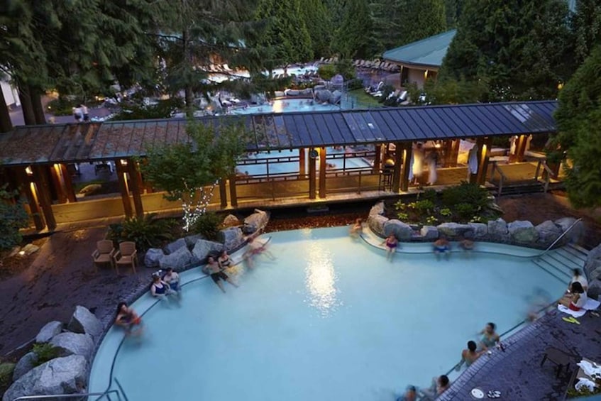 A swimming pool surrounded by rocks and wooden structures. 3