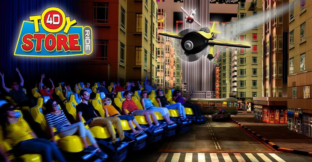 A roller coaster ride at a theme park with a cityscape in the background. 3