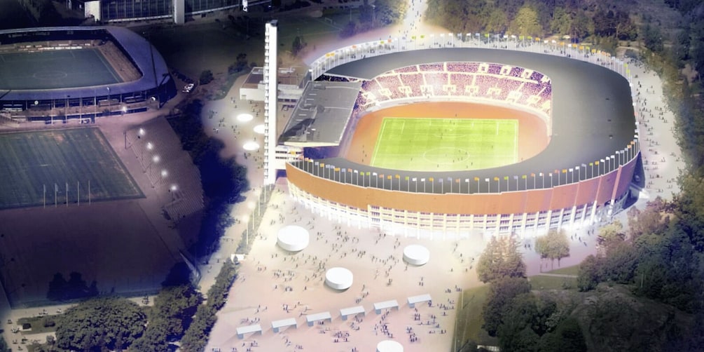 A large stadium with a football field, surrounded by seating and a few trees. 3