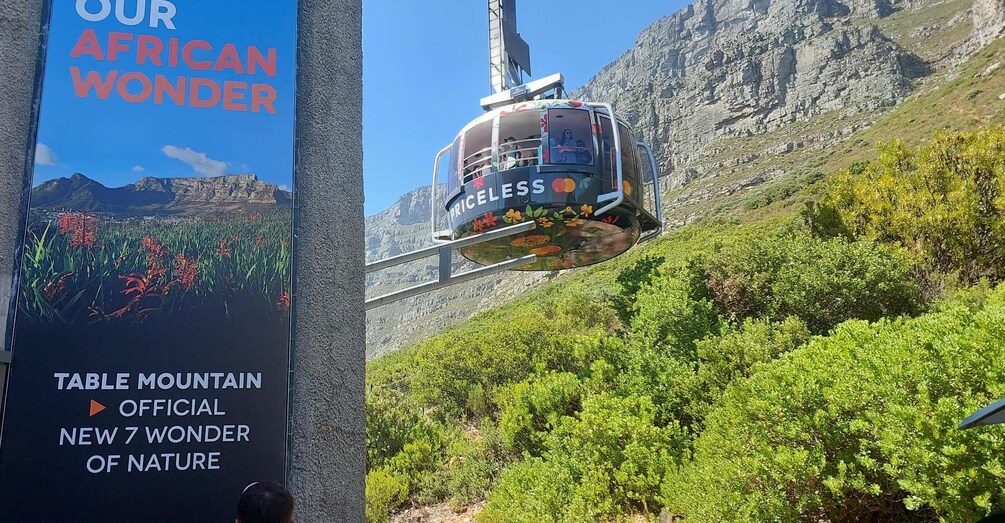 A cable car with passengers, a mountain backdrop, and a signboard with text. 2