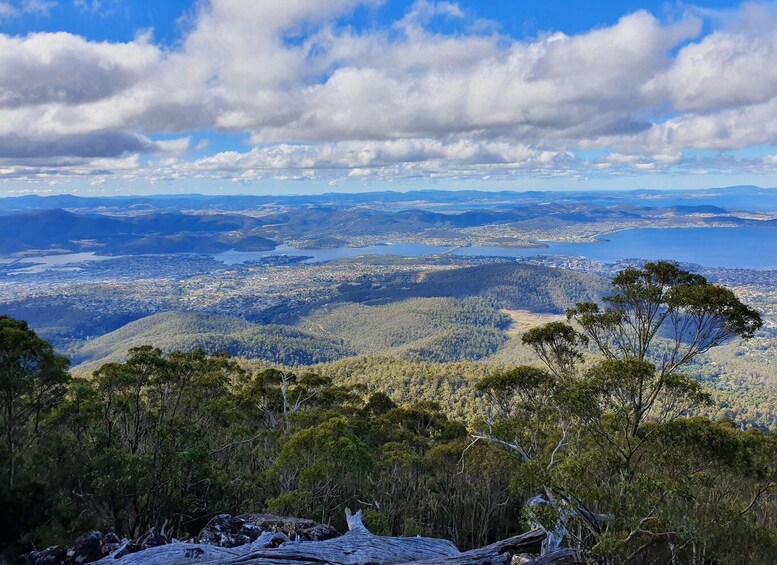 A panoramic landscape with a city in the valley, surrounded by hills and a large body of water. 2