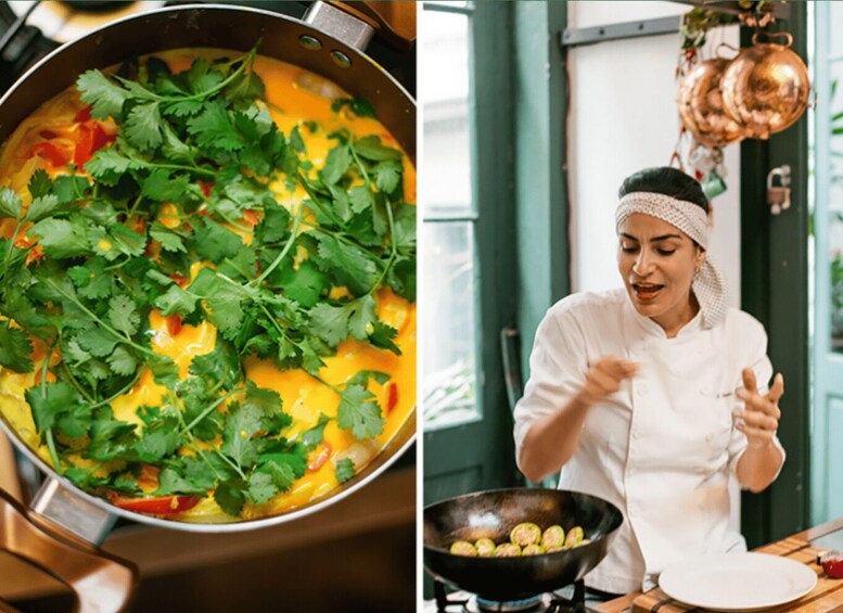 A chef cooking in a kitchen with a pot of food and a wok on the stove. 1