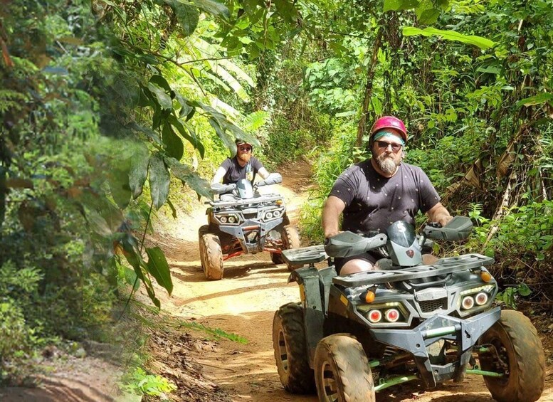 Two people riding atv's on a dirt path surrounded by dense green foliage. 2