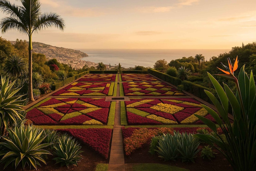 A geometric garden with a pathway leading to a view of the ocean. 2