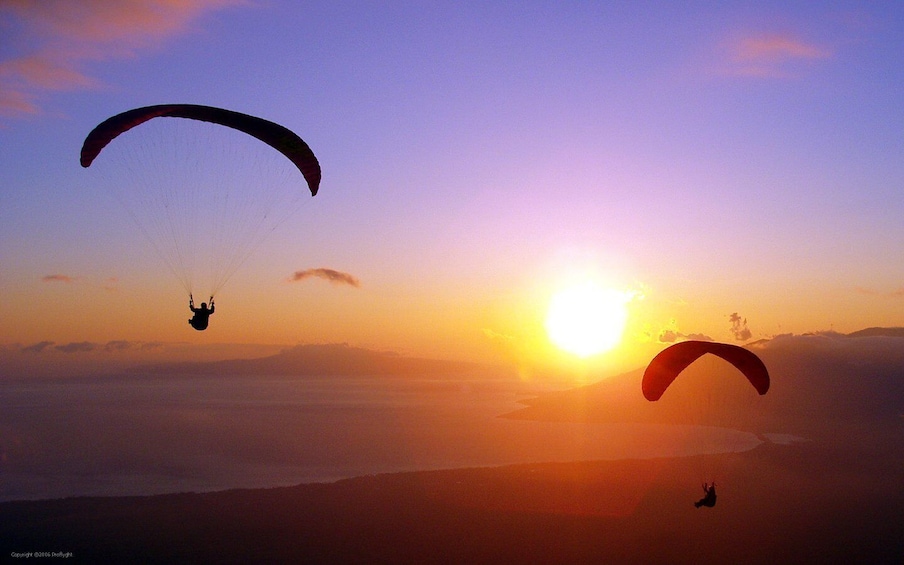 Two paragliders flying over a body of water during sunset. 1