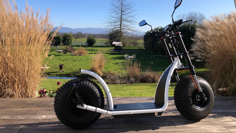 A stationary electric scooter on a wooden deck with a rural landscape in the background. 2