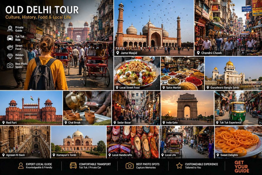 A collage of Old Delhi tour highlights including landmarks, food, and local life. 2