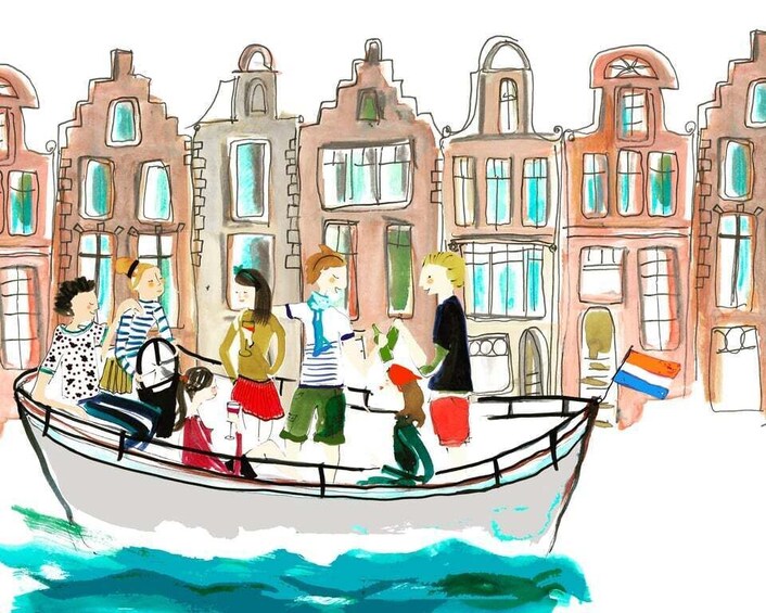 Ein Boot mit Personen, Wasser und Gebäuden im Hintergrund. 2