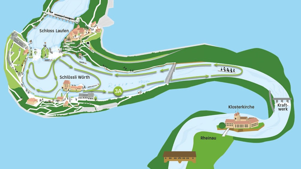 A park with Schloss Laufen, Schlossli Wörth, and Klosterkirche, connected by pathways and a river. 2