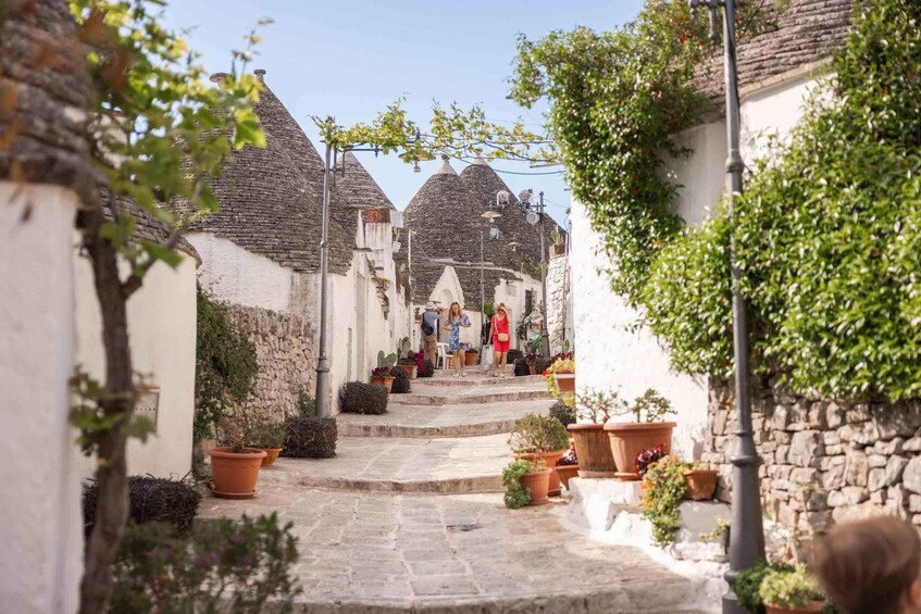 A narrow stone pathway flanked by traditional stone houses with conical roofs, leading to a small village. 2
