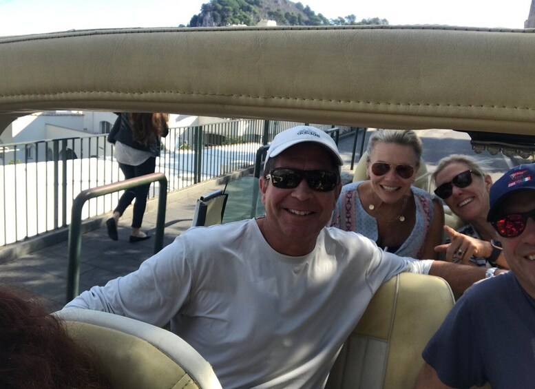 A group of people on a boat with a railing and a mountainous landscape in the background. 5