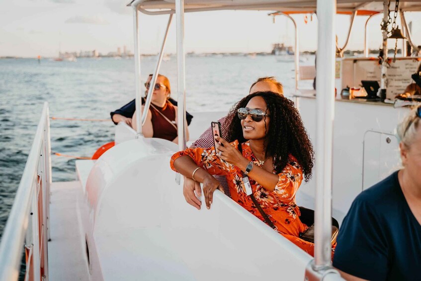 A boat with passengers, one holding a smartphone, and a city skyline in the background. 2